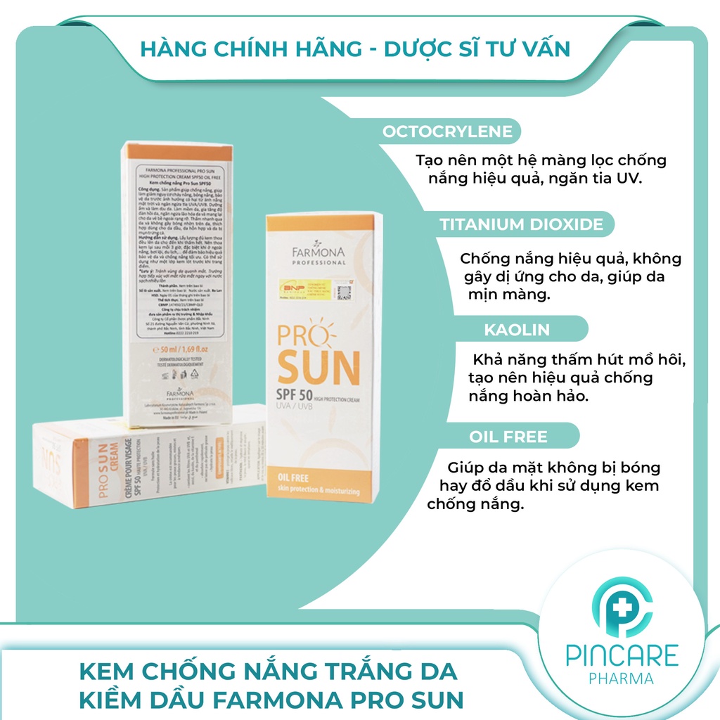 Kem chống nắng Farmona Professional Pro Sun 50ml - Kem chống nắng cho da mụn kiềm dầu - Hàng chính hãng - Pincare