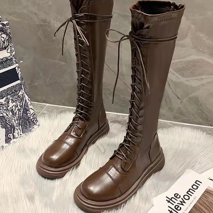 Giày bốt da cổ cao mềm mũi tròn có dây thắt thời trang dành cho nữ | BigBuy360 - bigbuy360.vn