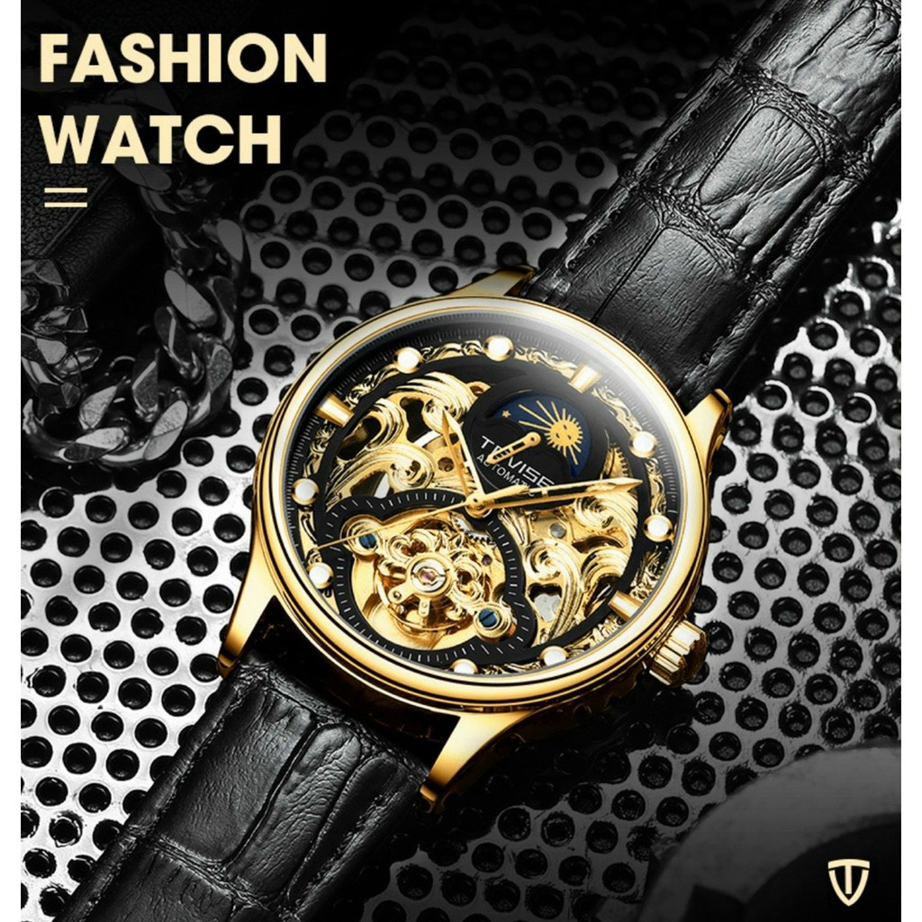 Đồng hồ cơ nam Automatic không cần pin, đồng hồ nam dây da TEVISE mẫu mã thời trang, chống nước, cao cấp