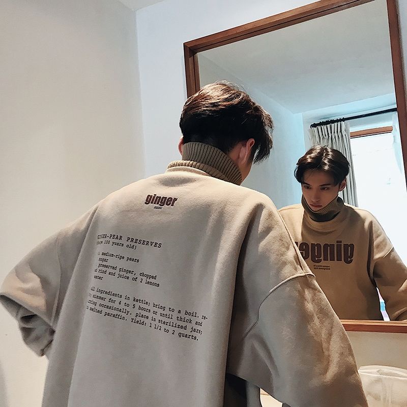 Áo sweater giả hai lớp cổ cao dáng rộng chất nhung dày ấm áp thời trang thu đông cho nam