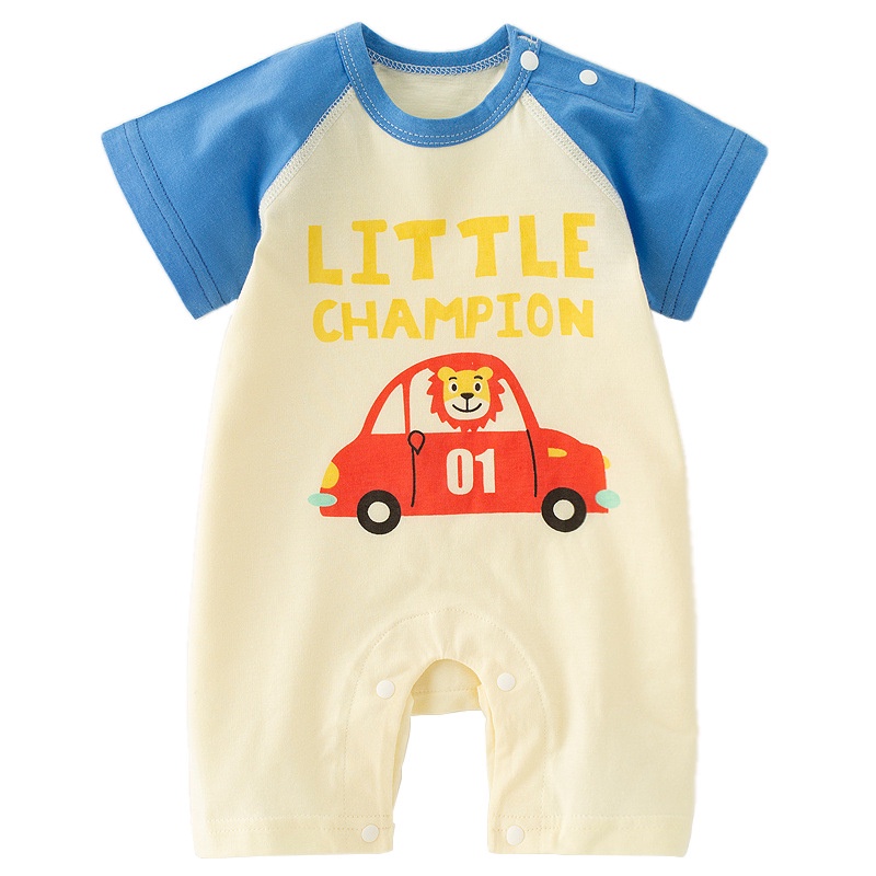 Bộ đồ ngủ liền thân tay ngắn vải cotton họa tiết hoạt hình xinh xắn thời trang cho bé sơ sinh 0-18 tháng tuổi