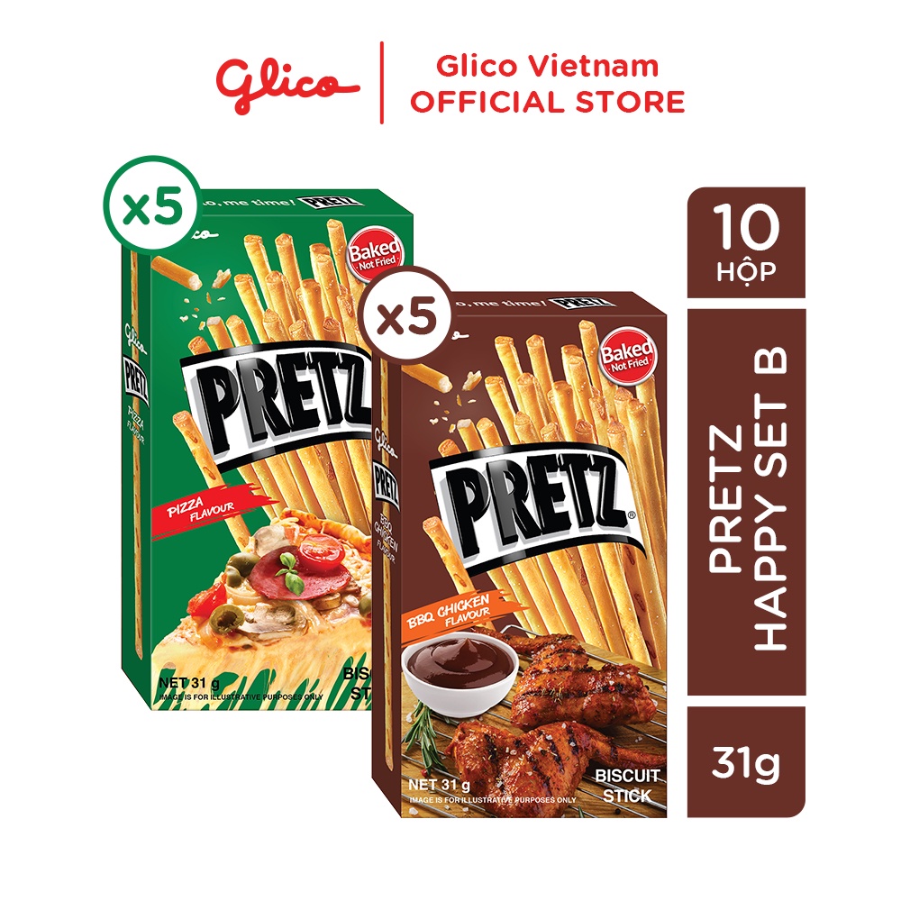 Bánh qua nướng giòn mix 2 vị gà nướng và pizza GLICO Pretz (Combo Happy Set B 10 hộp - 5 BBQ 5 pizza)