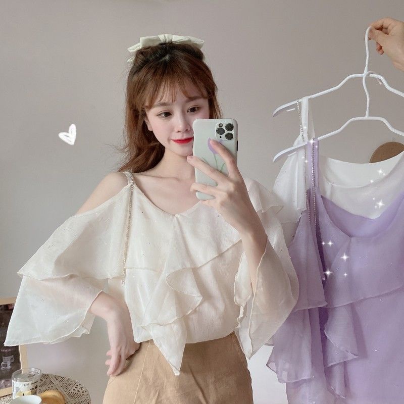 AMOI Áo Kiểu Chiffon Tay Ngắn Loe Trễ Vai Cổ Chữ V Phối Bèo Ngọt Ngào Cho Nữ