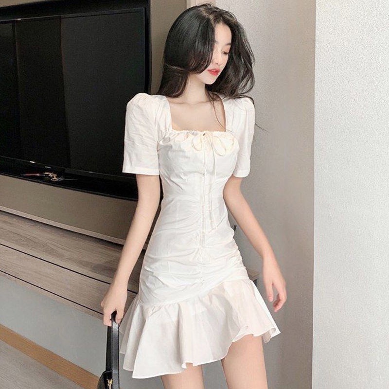 Váy đầm nữ dáng ôm cổ vuông cột nơ đuôi cá chân váy xếp li Đầm Đuôi Cá Cổ Vuông Xếp Ly Màu Trắng Phong Cách Retro
