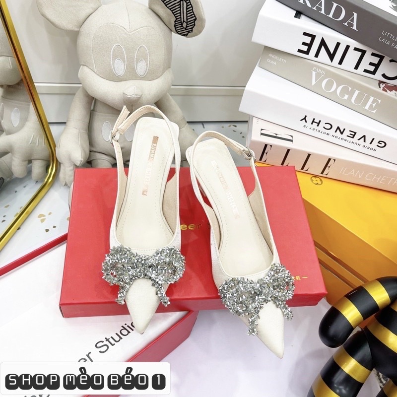 Sandal nơ đá mũi nhọn gót nhọn fullbox