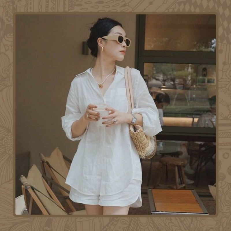Set bộ nữ quần áo đũi linen cổ sơ mi, sét đồ short thời trang ống rộng - DTH
