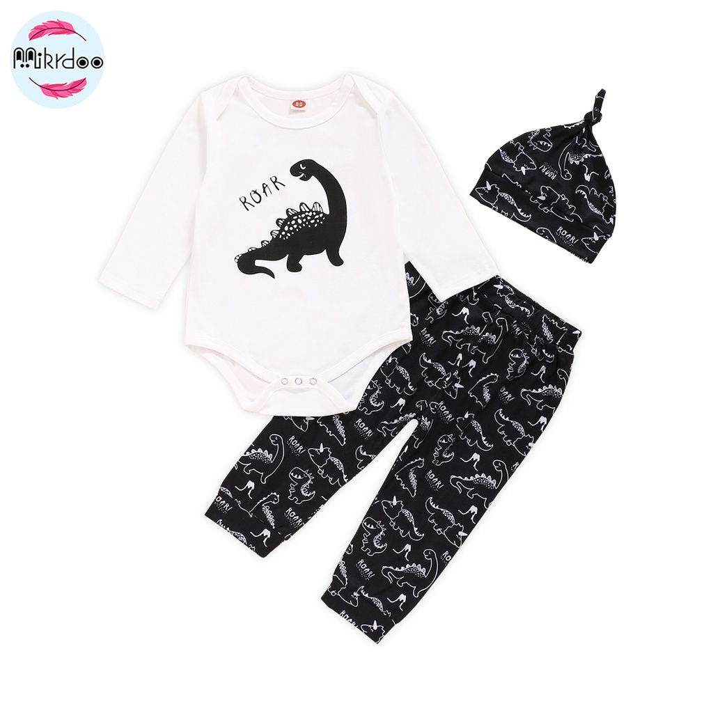Set đồ 3 món Mikrdoo gồm áo liền quần dài tay in hình khủng long + quần dài kèm mũ cotton cho trẻ sơ sinh