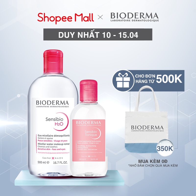 Bộ đôi nước tẩy trang làm sạch micellar cho da nhạy cảm Bioderma Sensibio H2O 500ml và dung dịch cân bằng, dưỡng ẩm 250m