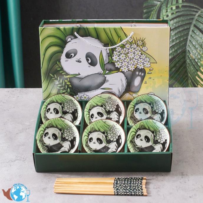 Bộ 6 chén sứ hình con vật dễ thương kèm 6 đôi đũa hoa có hộp làm quà tặng cực sang