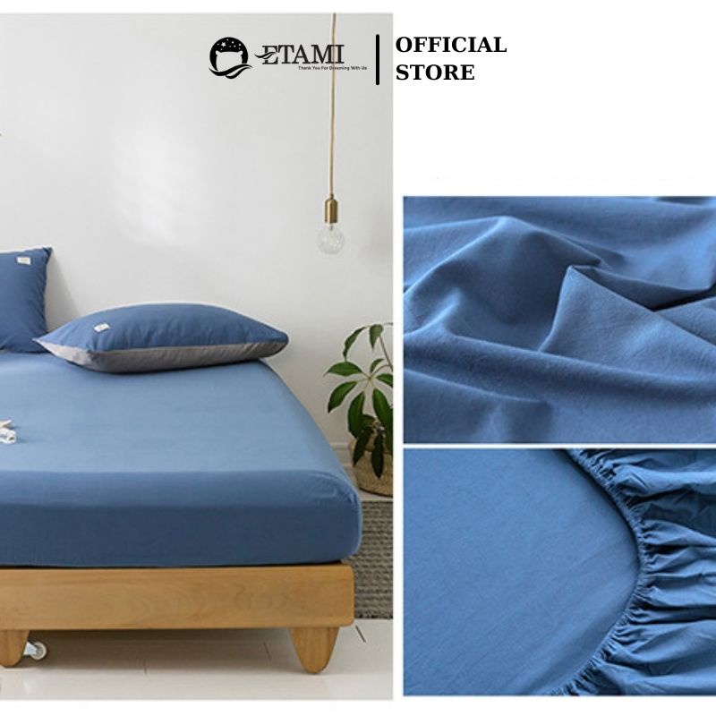 Bộ ga gối cotton tici ETAMI ga trải giường và 2 vỏ gối màu xanh biển miễn phí bo chun cho drap giường ga trải giường T01