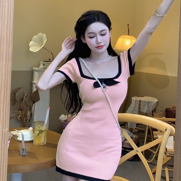 Đầm ngắn ZHELIHANGFEI dệt kim trễ vai đính nơ thời trang quyến rũ xinh xắn cho nữ