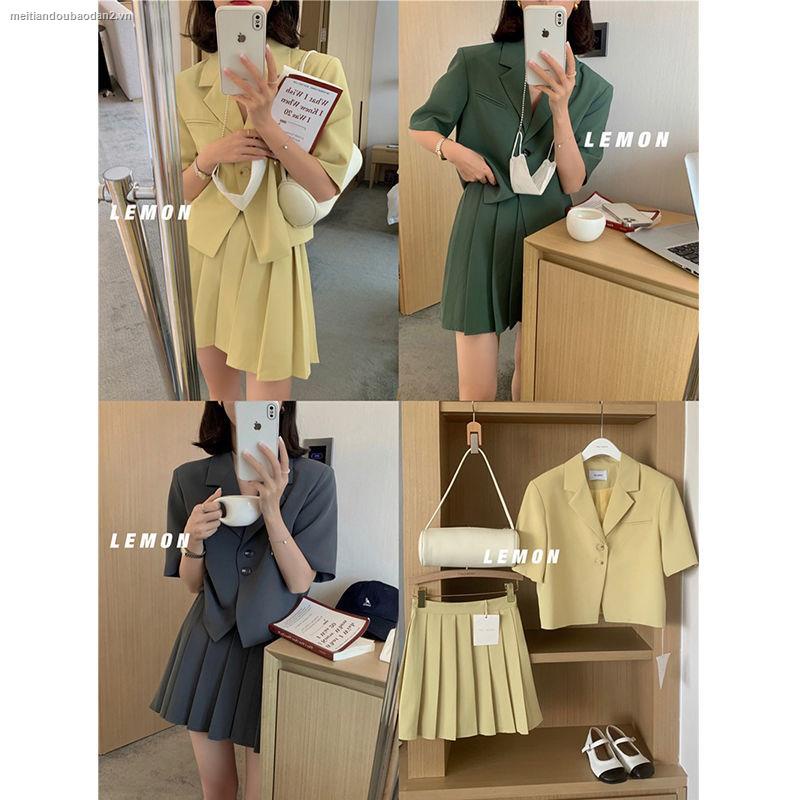 Set áo khoác dáng ngắn và chân váy ngắn xếp ly phong cách phương tây thời trang mùa hè dành cho nữ