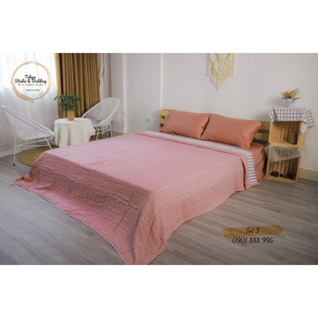 Set 03_ Chăn Xô Cotton Sợi tre Organic dòng Basic &amp; Ga gối Lụa