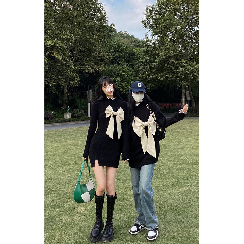 COZOK Đầm Dệt Kim Tay Dài Dáng Ôm Phối Nơ Xẻ Tà Xinh Xắn Cho Nữ