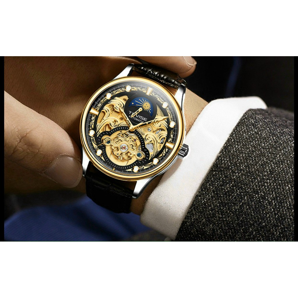 Đồng hồ cơ nam Automatic không cần pin, đồng hồ nam dây da TEVISE mẫu mã thời trang, chống nước, cao cấp