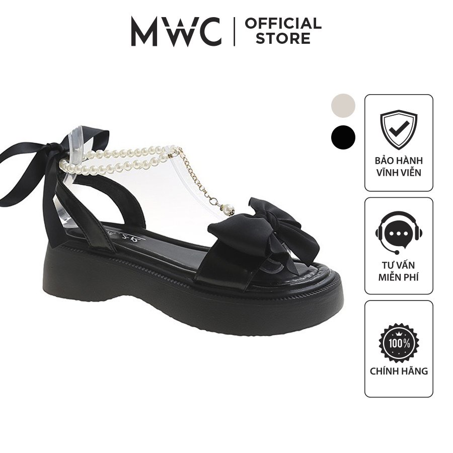 Giày MWC 2932 - Sandal Đế Bánh Mì Cao 5cm Siêu Hack Dáng, Sandal Quai Ngang Đính Nơ Tiểu Thư