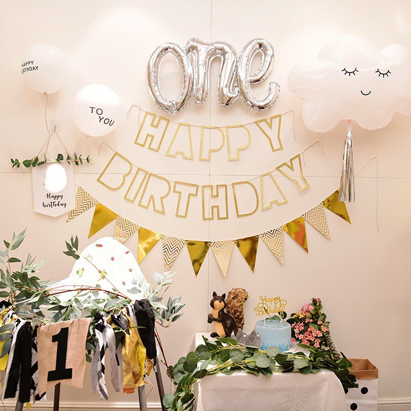 Dây chữ rỗng HAPPY BIRTHDAY trang trí tiệc sinh nhật Birthday Banner ép kim ánh kim