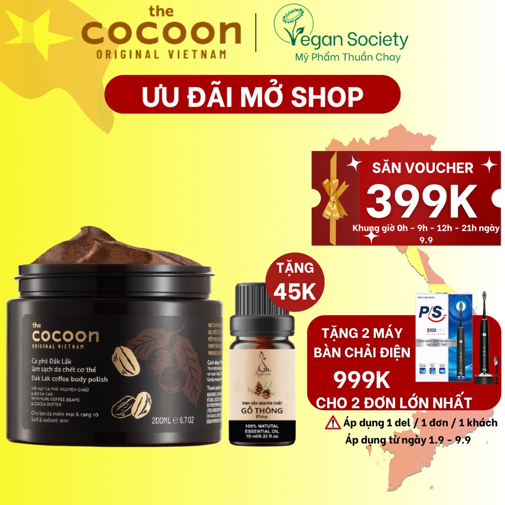 Tẩy da chết cơ thể cà phê Đắk Lắk Cocoon cho làn da mềm mại và rạng rỡ 200ml Coffee Body Polish - Vegan Society