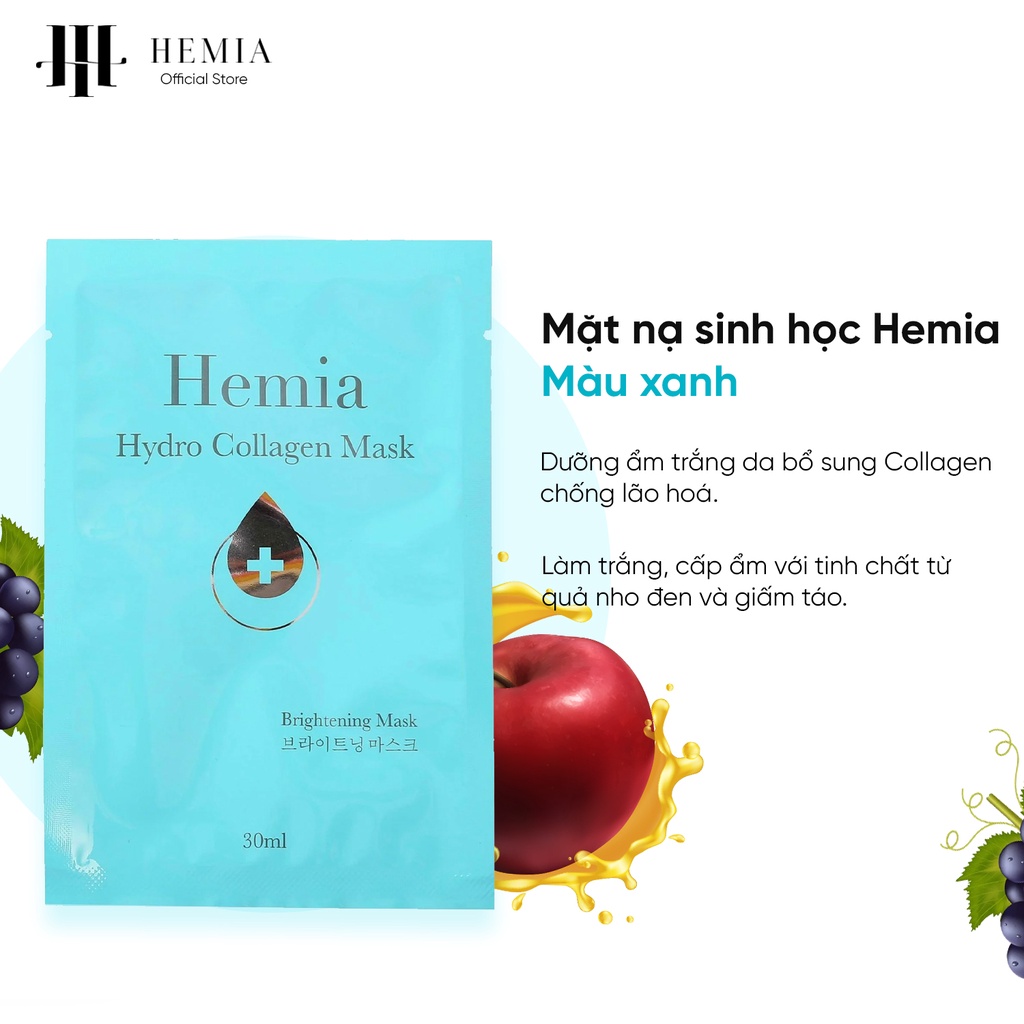 Mặt nạ sinh học Hemia dưỡng ẩm trắng da bổ sung collagen chống lão hoá hộp 1, 3, 5 miếng x 30ml