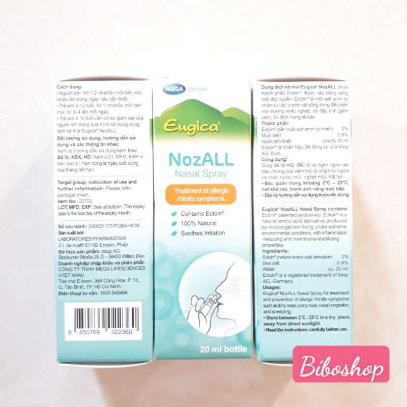 Dung dịch xịt mũi Eugica Nozall - Chai 20ml - Giúp giảm triệu chứng viêm mũi dị ứng - nhathuoctaman247