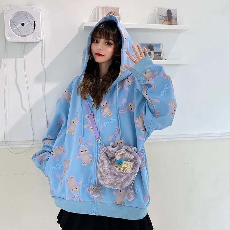 Áo khoác có nón trùm họa tiết chú thỏ hoạt hình dễ thương dành cho nữ