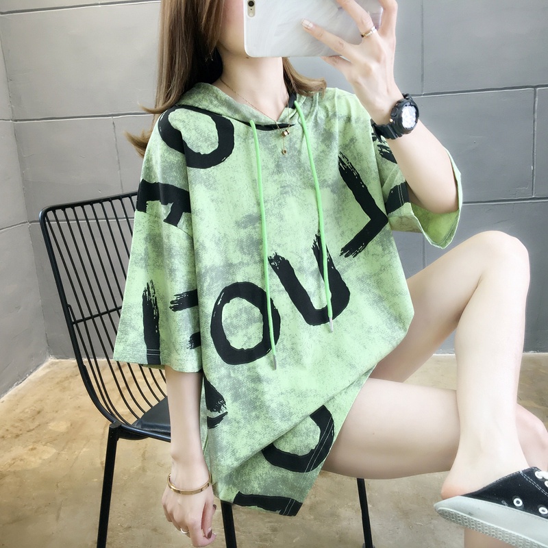 Áo Hoodie Tay Ngắn Dáng Rộng In Chữ Phong Cách Hàn Quốc Mới