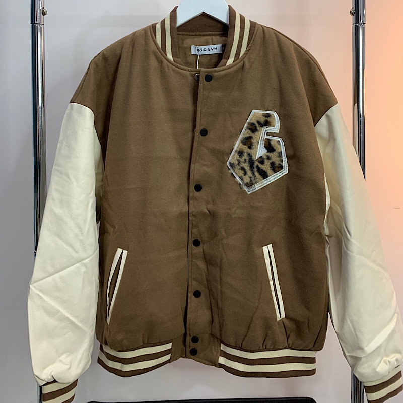 Áo bomber - Jacket varsity chính hãng chất dạ tay da cao cấp màu nâu