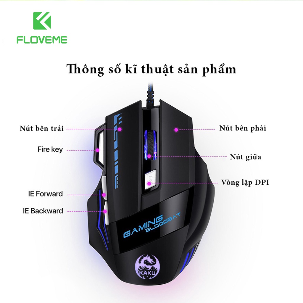 Chuột máy tính, Chuột Gaming có dây Floveme - KSC-568 Chơi game máy tính và điện thoại 7 nút, LED RGB Full màu