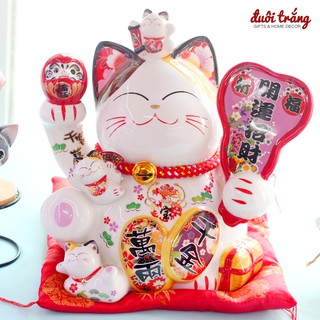 Mèo Thần tài Đựng tiền Quạt Ba Tiêu "Thiên Kim Vạn Lượng" 28cm