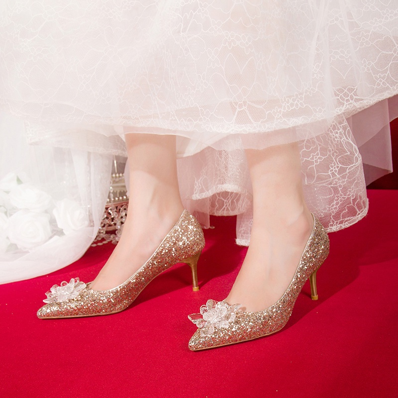 Giày cao gót mũi nhọn đính kim sa lấp lánh thời trang Hàn Quốc cho nữ