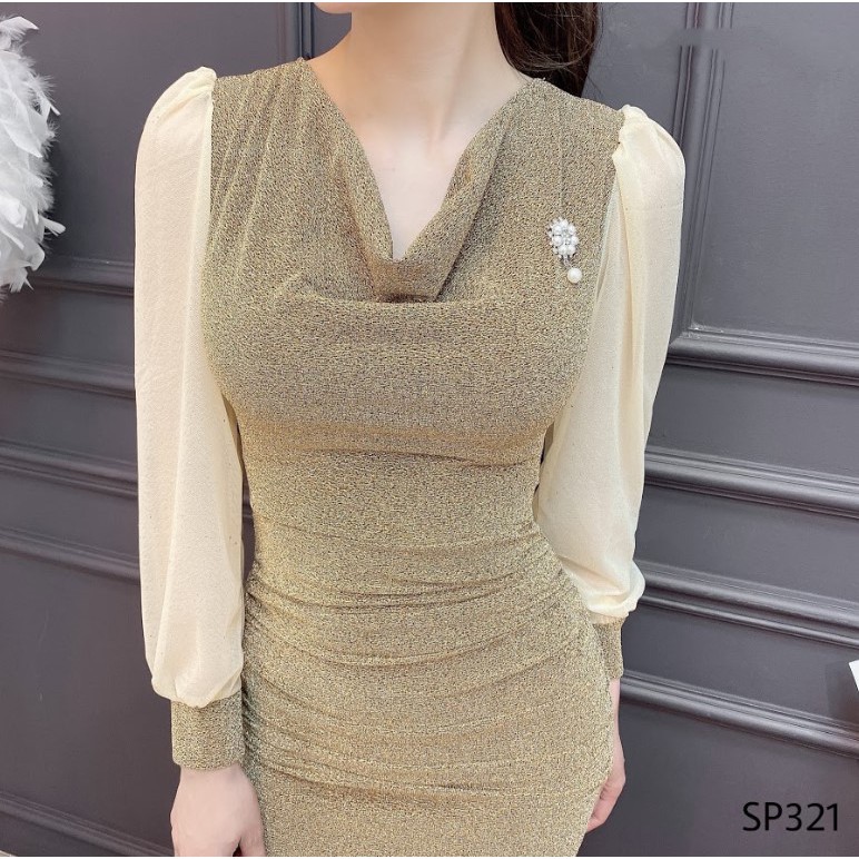 CRYS Đầm nhũ phối tay tơ tag đá, đầm body dự tiệc sang trọng SP321 | BigBuy360 - bigbuy360.vn