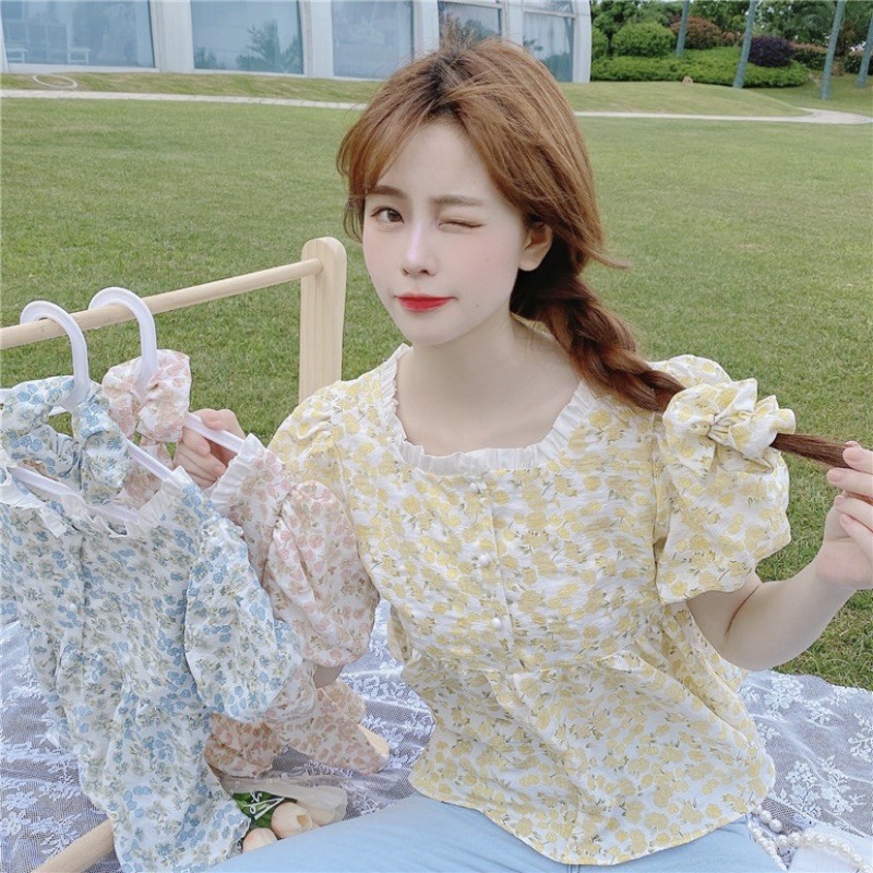 Áo thô baby doll hoa nhí cổ vuông viền bèo mặc được hai mặt Ulzzang style Hàng Quảng Châu