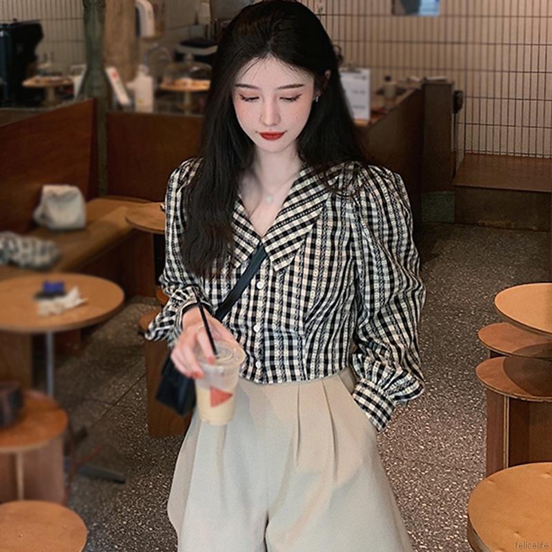 Áo Sơ Mi Ca Rô Ngắn Tay Cổ Búp Bê Xinh Xắn Dễ Thương Dành Cho Nữ