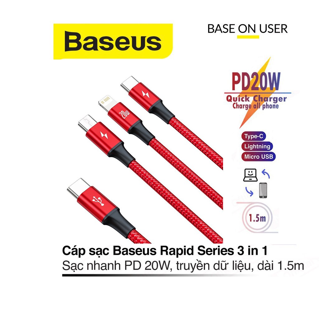 Cáp sạc nhanh PD20W Baseus Rapid Type-C to 3in1 dây dù siêu bền dài 150CM cho Smartphone