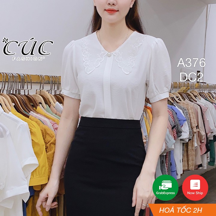 Áo sơ mi nữ CÚC FASHION somi tay ngắn cao cấp vải lụa đẹp kiểu công sở áo trắng nơ đen viền ren A1156