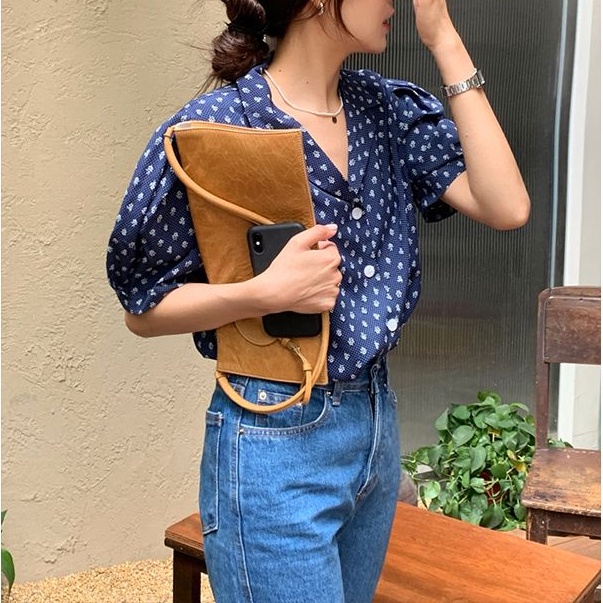 SUXI Áo Sơ Mi Tay Ngắn Phồng Cổ Chữ V Họa Tiết Chấm Bi Thời Trang Mùa Hè Cho Nữ