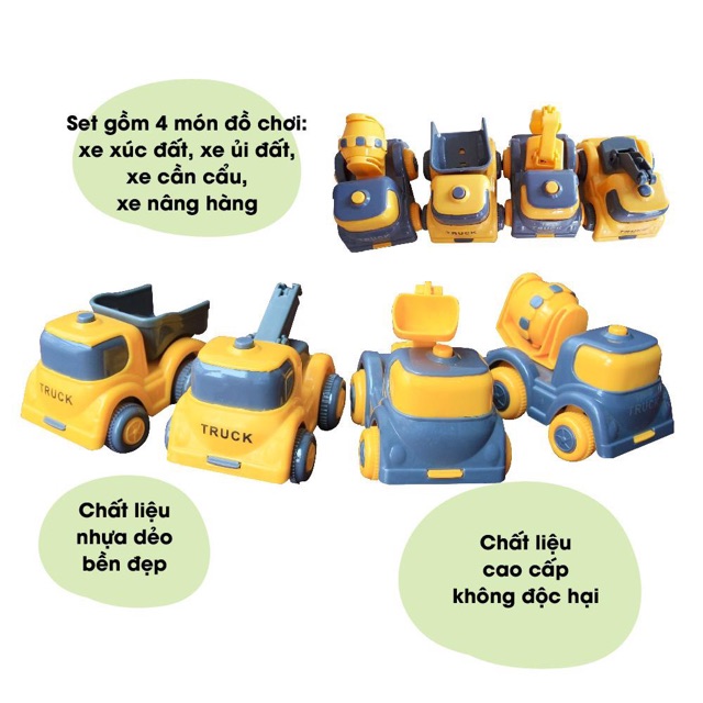 Set 4 món ô tô xây dựng gồm cần cẩu, máy xúc, xe bồn và xe ben Toys House 709C