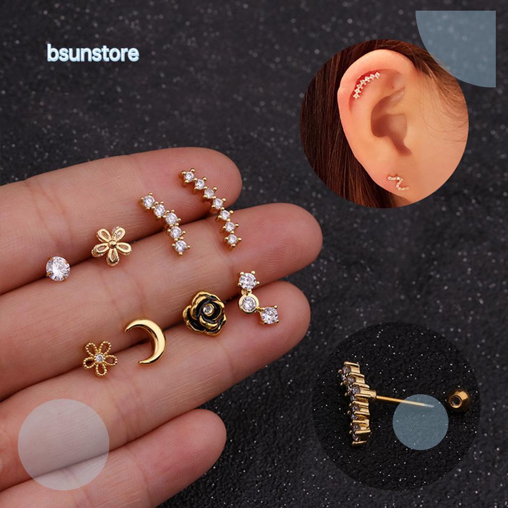 Khuyên Xỏ Sụn Tai Bằng Thép Không Gỉ Đính Đá Zircon Nhiều Màu Thời Trang