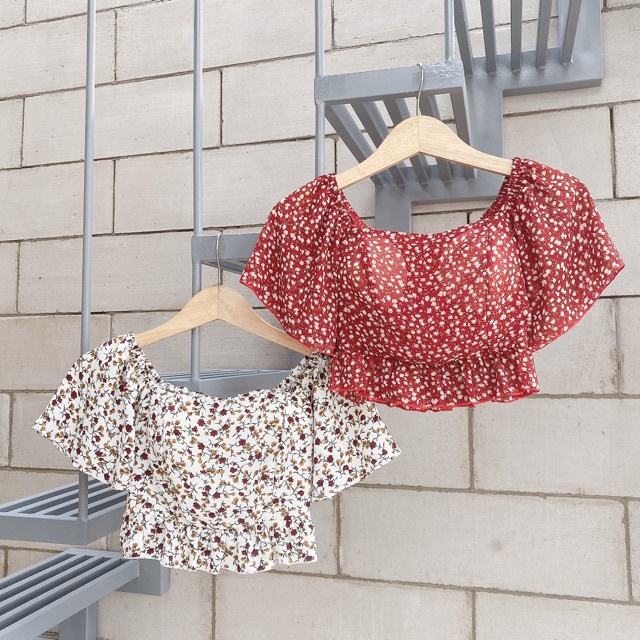 [Mã FAMARAL1 giảm 10K đơn 50K] Áo kiểu nữ, áo nữ hoa nhí crop hoa peplum2 màu trắng đỏ có mút ngực size S M L SKUA-29