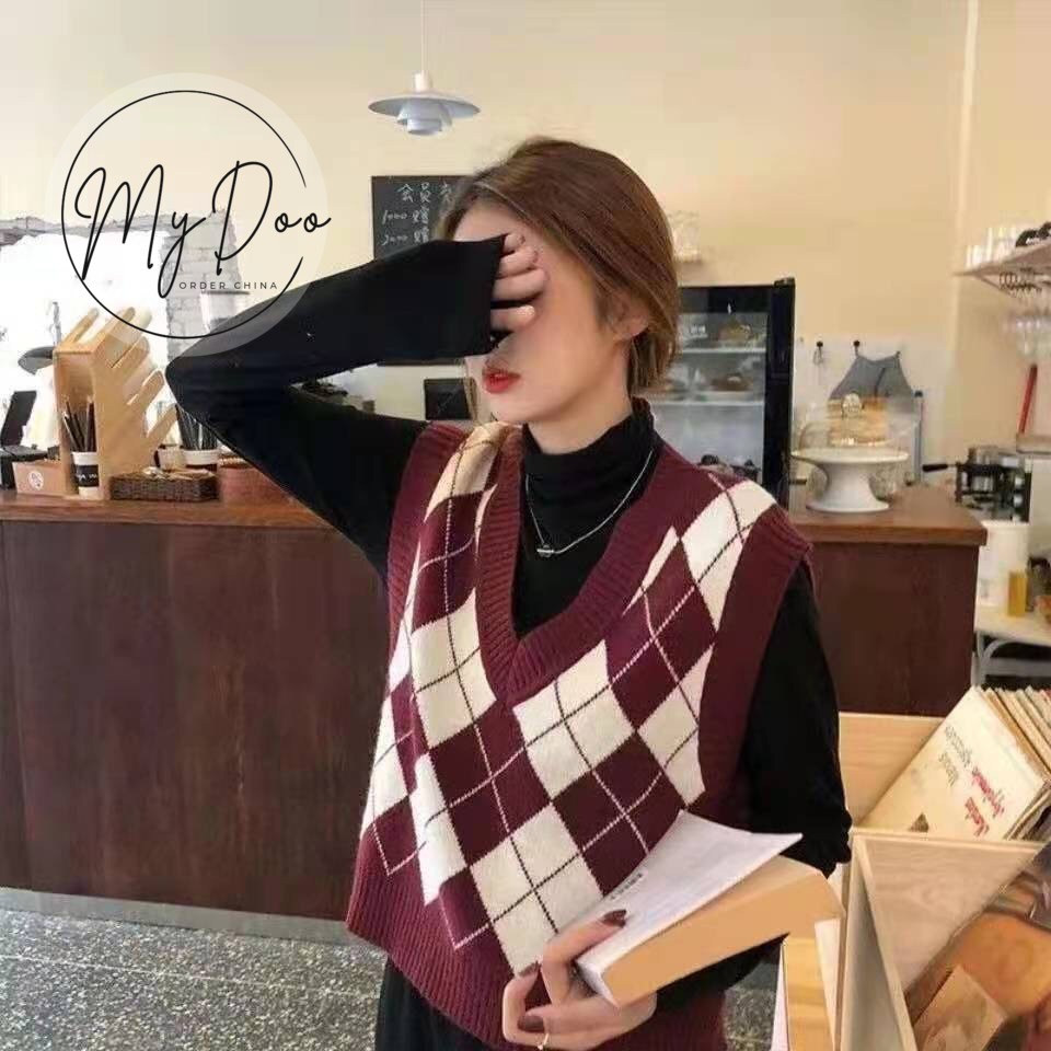 Áo gile caro Đỏ/ Đen ⚡️HÀNG LOẠI I ⚡️ áo ghi lê len nữ thì phong cách Hàn Quốc-  GL15 | BigBuy360 - bigbuy360.vn