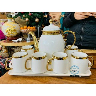 [SẴN HÀNG]Bộ ấm chén sứ bầu trắng dd-3 kèm khay cao cấp phong cách Bắc Âu hiện đại