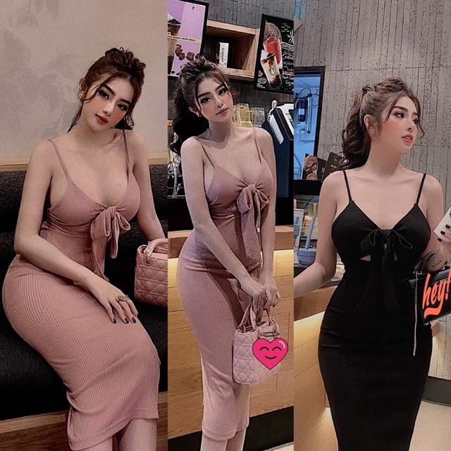 Váy nữ đầm body 2 dây thun thắt nơ ngực(có đệm ngực) váy body đầm nữ sang chảnh ANNASTORE