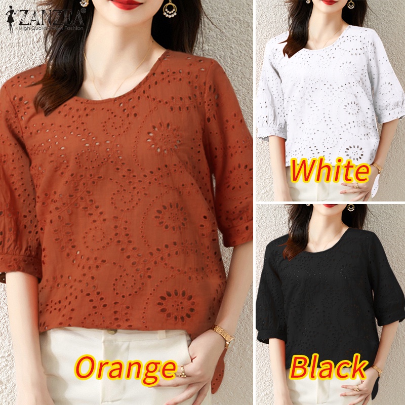 Áo kiểu ZANZEA cổ tròn tay lửng dáng rộng xinh xắn thời trang dành cho nữ