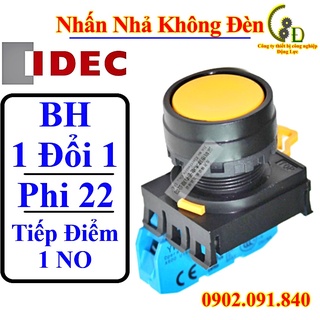 Nút nhấn nhả không đèn IDEC phi 22mm 220v, Công tắc bấm nguồn đề on off công nghiệp nhấp nhả mầu vàng YW1B-M1E10Y