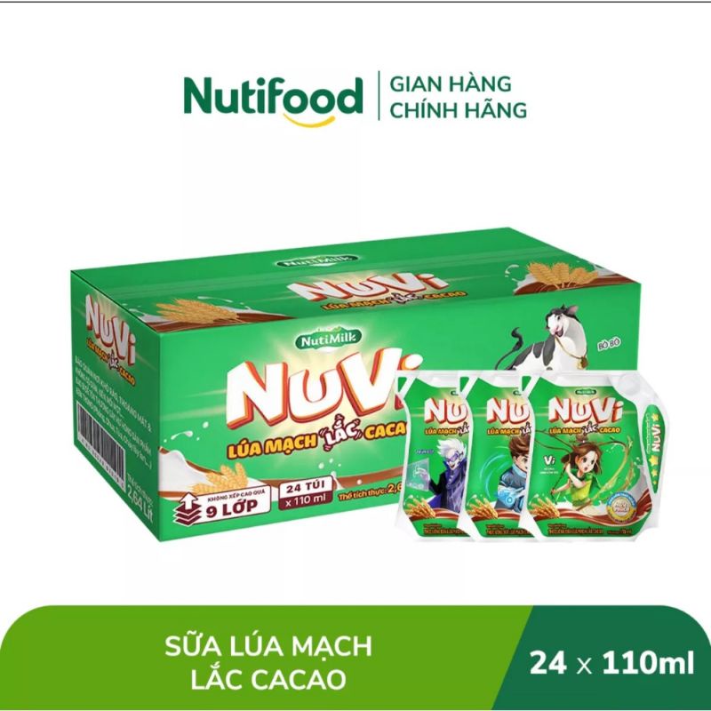 Thùng 24 túi NuVi Thức uống Sữa Lúa mạch Lắc Cacao túi 110 ml&lt;br&gt;