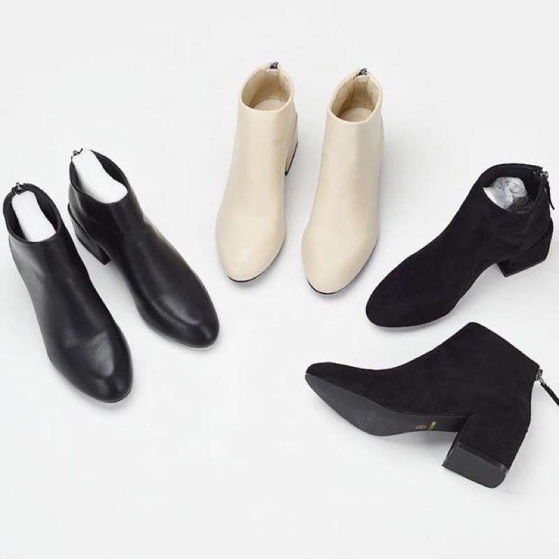 Bốt da trơn cổ thấp kéo khoá sau