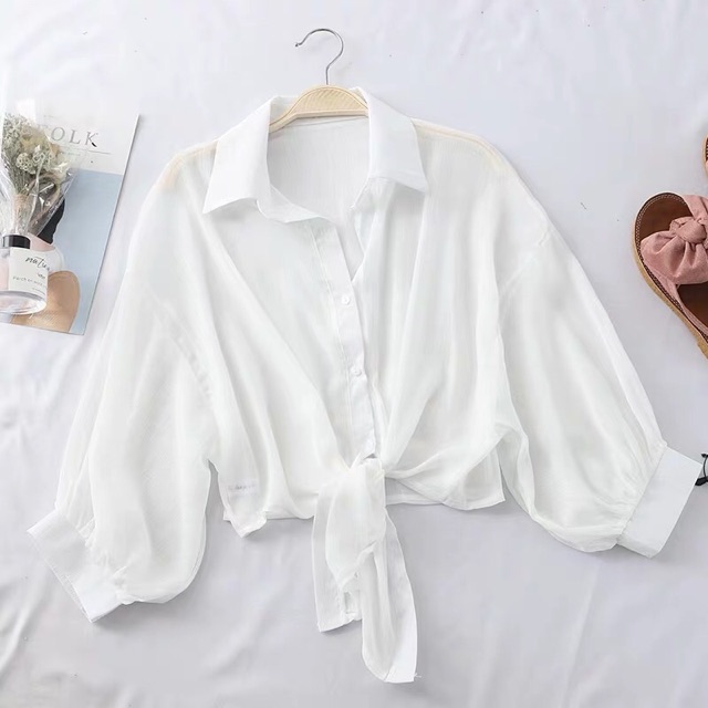 Sơ mi voan đũi mỏng croptop tay phồng thắt dây eo chất mát