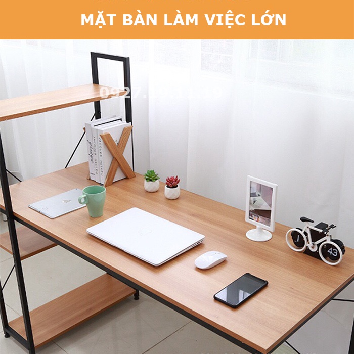 Bàn làm việc học tập kiểu hàn chữ H phối kệ sách đa năng, có 2 thanh giằng sắt ngang rất chắc chắn