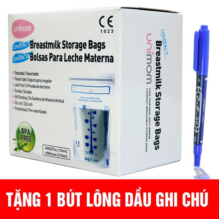 (Made in Korea) (Tặng bút) Hộp 60 Túi trữ sữa 210ml Unimom Compact UM870268