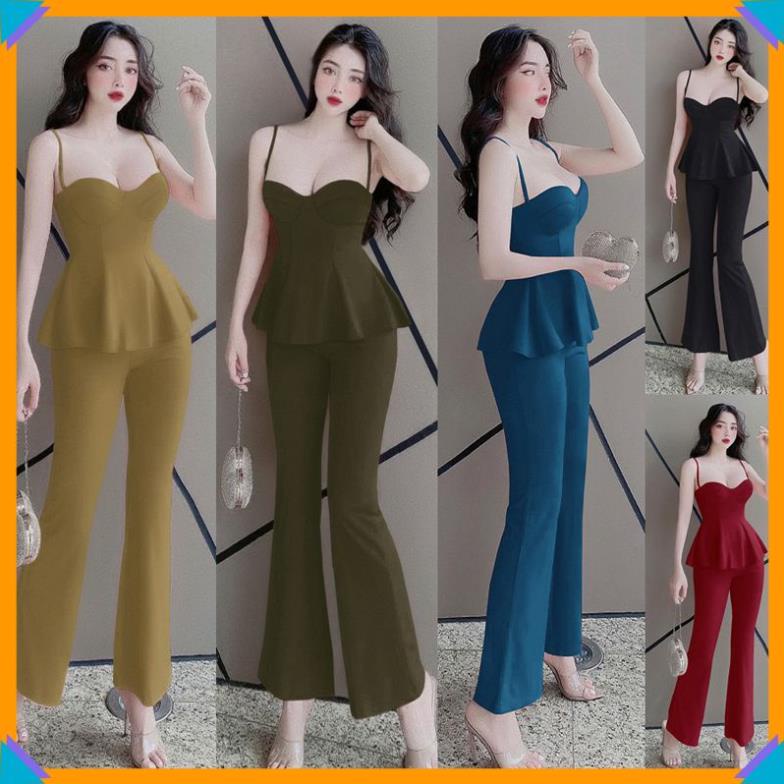 Set đồ nữ sang chảnh đẹp cá tính nguyên bộ áo cúp ngực 2 dây quần dài ống loe dây kéo trước TJ1159